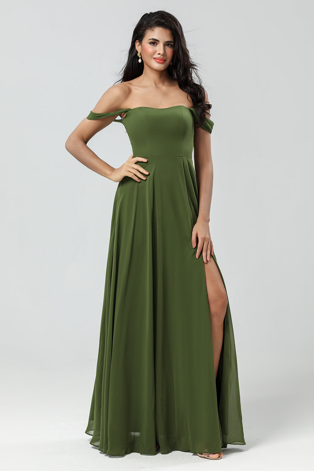 Off The Shoulder A Line Olive Bridesmaid Dress with Slit feolate Off The Shoulder A Line Olive Bridesmaid Dress with Slit feolate