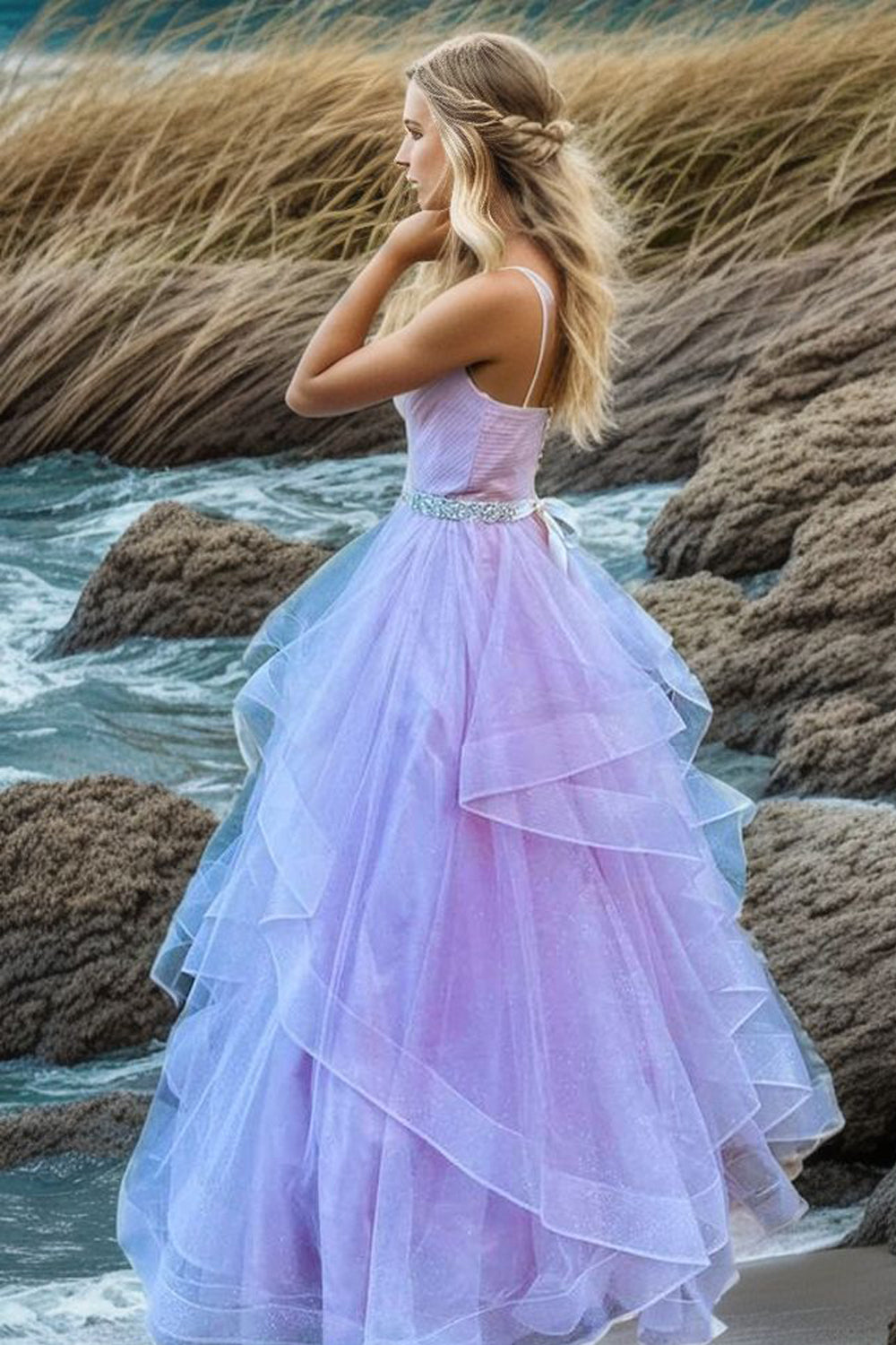 A Line Spaghetti Straps Pink Long Prom Dress with Ruffles