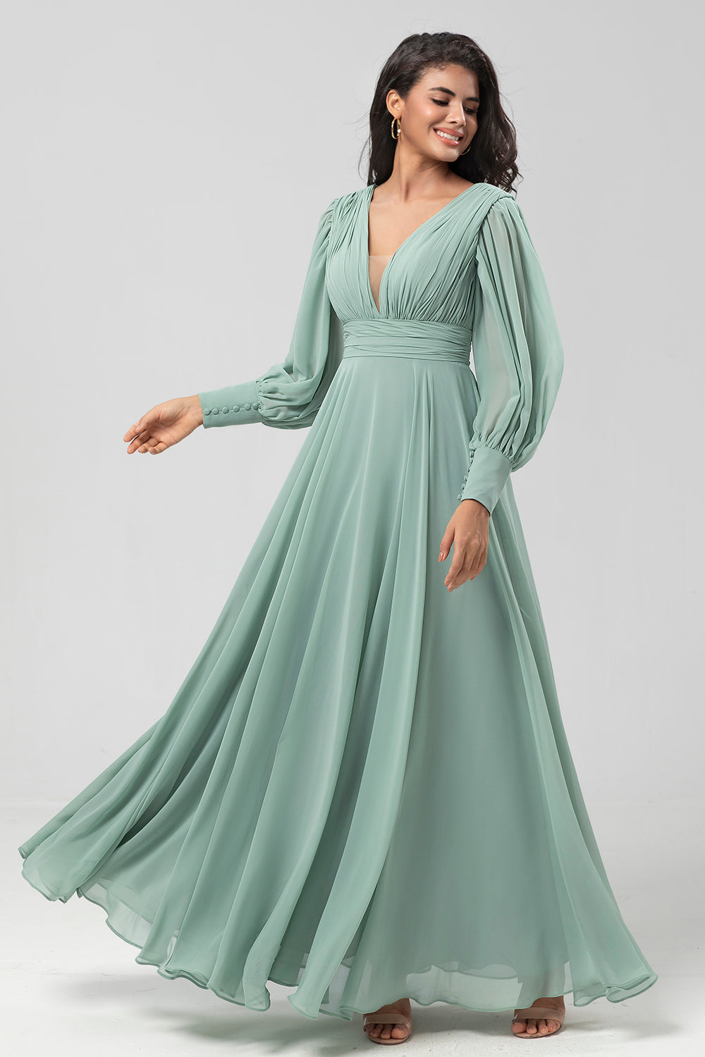 Detachable Long Sleeves Chiffon Green Bridesmaid Dress with Pleated feolate Detachable Long Sleeves Chiffon Green Bridesmaid Dress with Pleated feolate