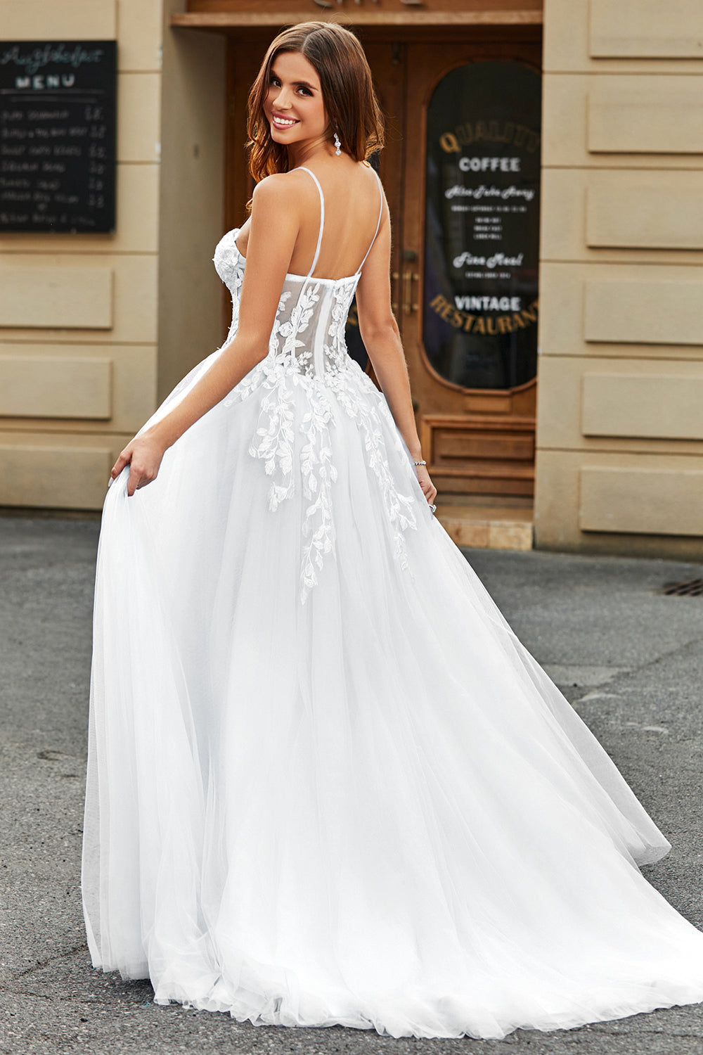 White Corset A-Line Long Tulle Wedding Dress with Slit