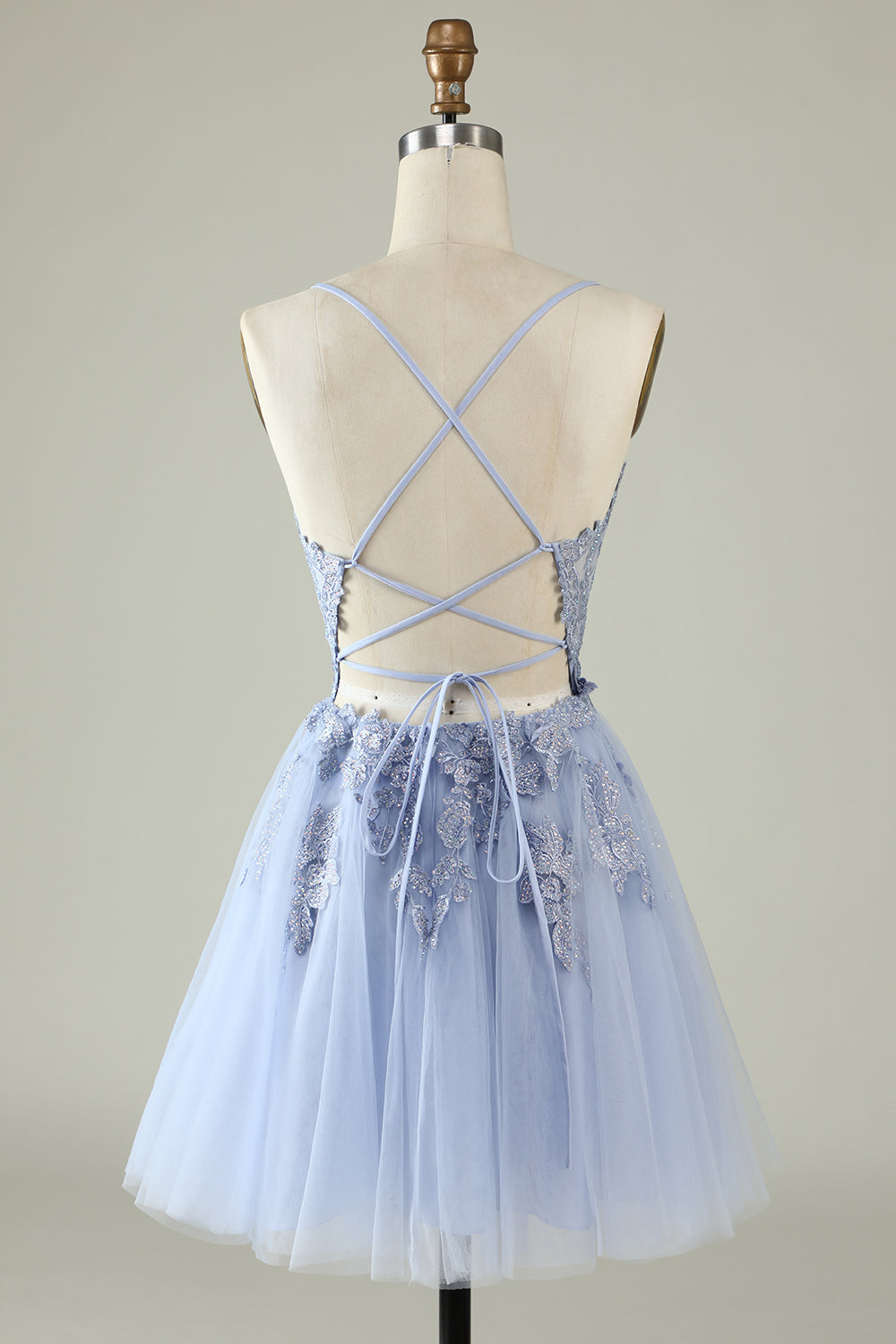 Spaghetti Straps Grey Blue Short Tulle A Line Homecoming Dress with Appliques