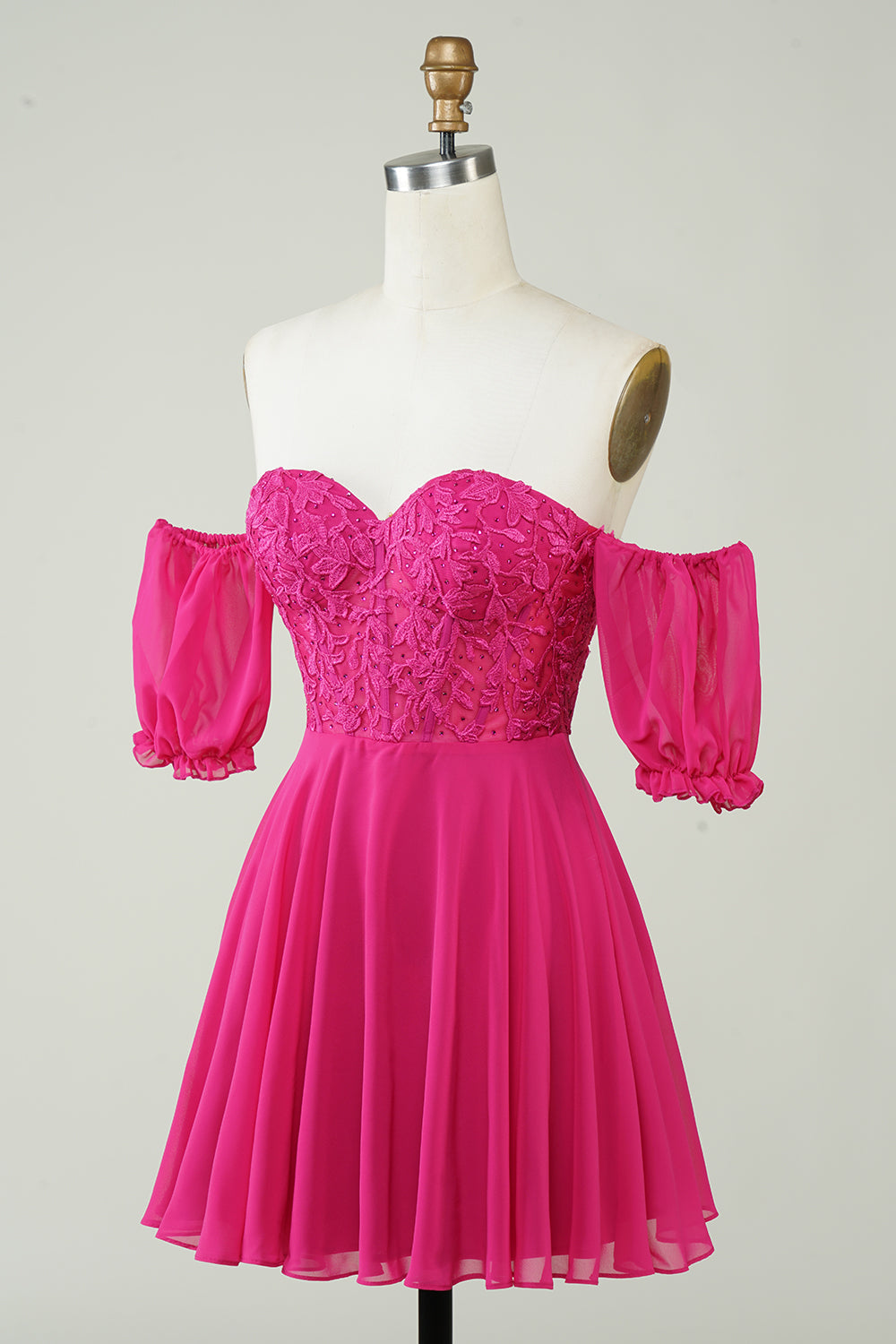 Fuchsia Corset Off The Shoulder Chiffon Short Homecoming Dress with Lace