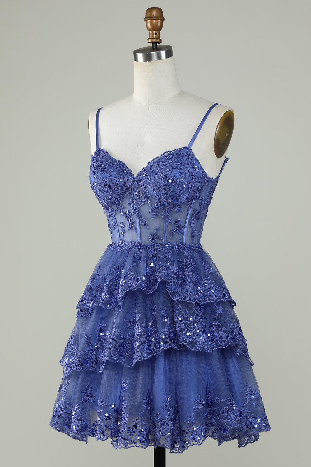 Sparkly Blue Spaghetti Straps Sequin Tiered Short Homecoming Dress