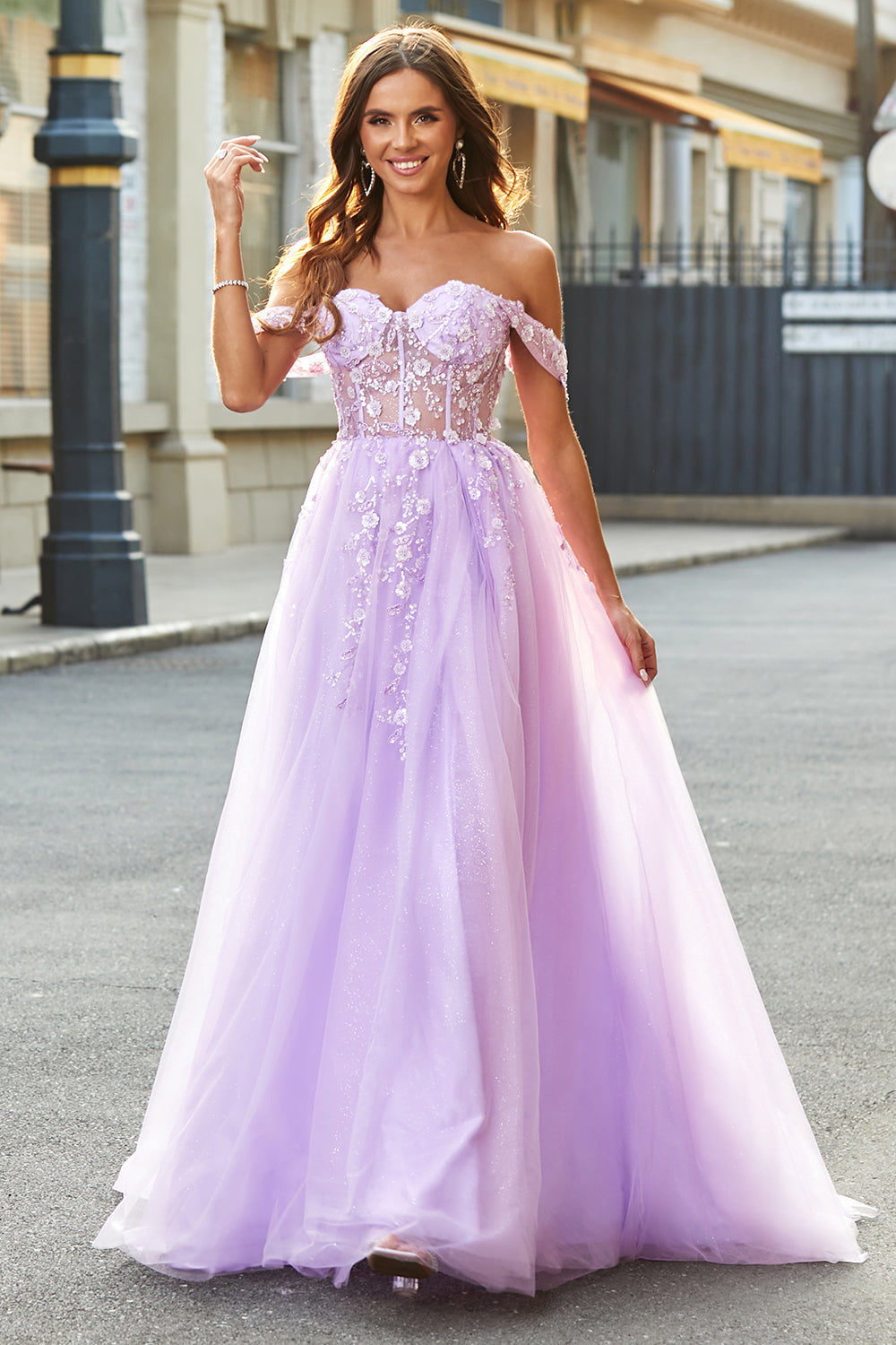Off The Shoulder Light Purple A-Line Beaded Corset Prom Dress