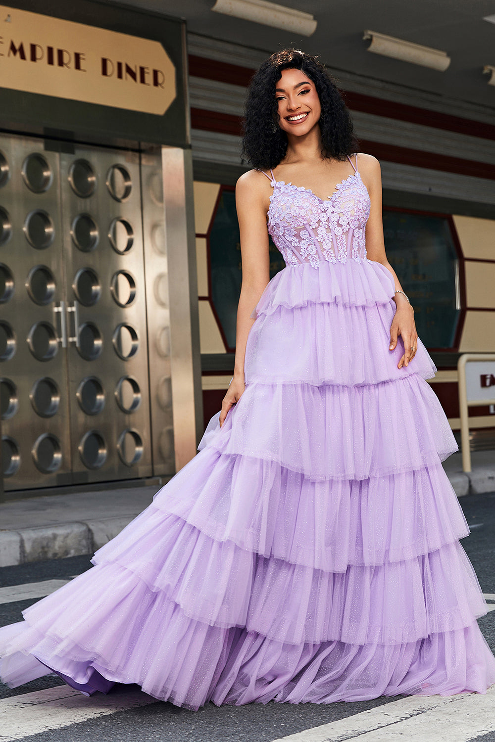 Purple Princess A Line Spaghetti Straps Corset Prom Dress with Appliques Ruffles