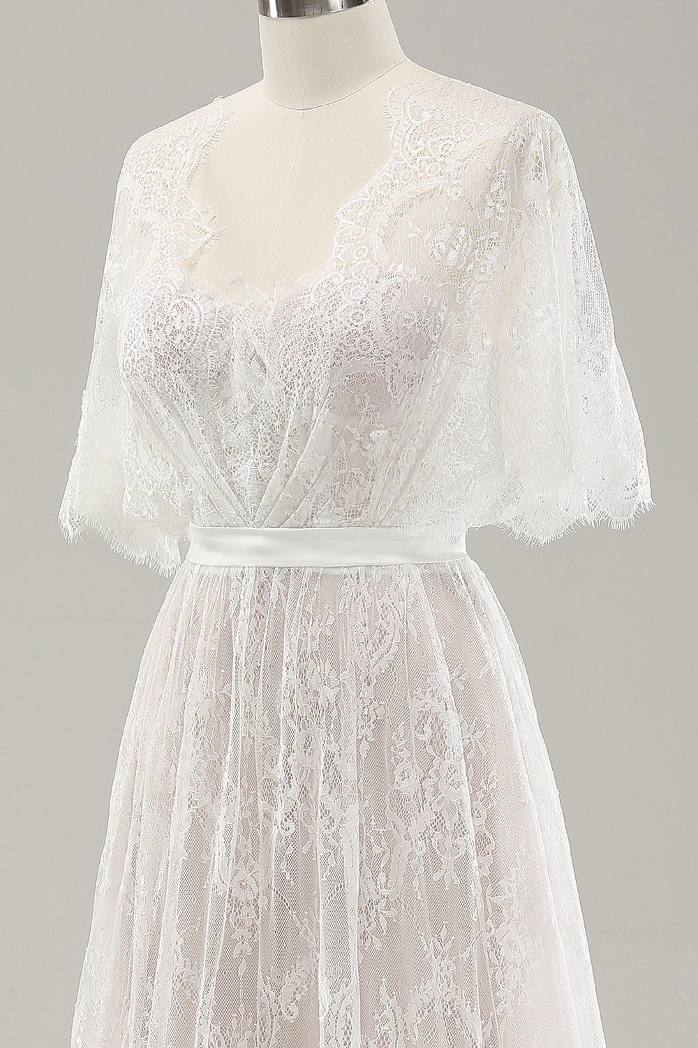 White A Line Sweetheart Lace Long Wedding Dress with Short Sleeves