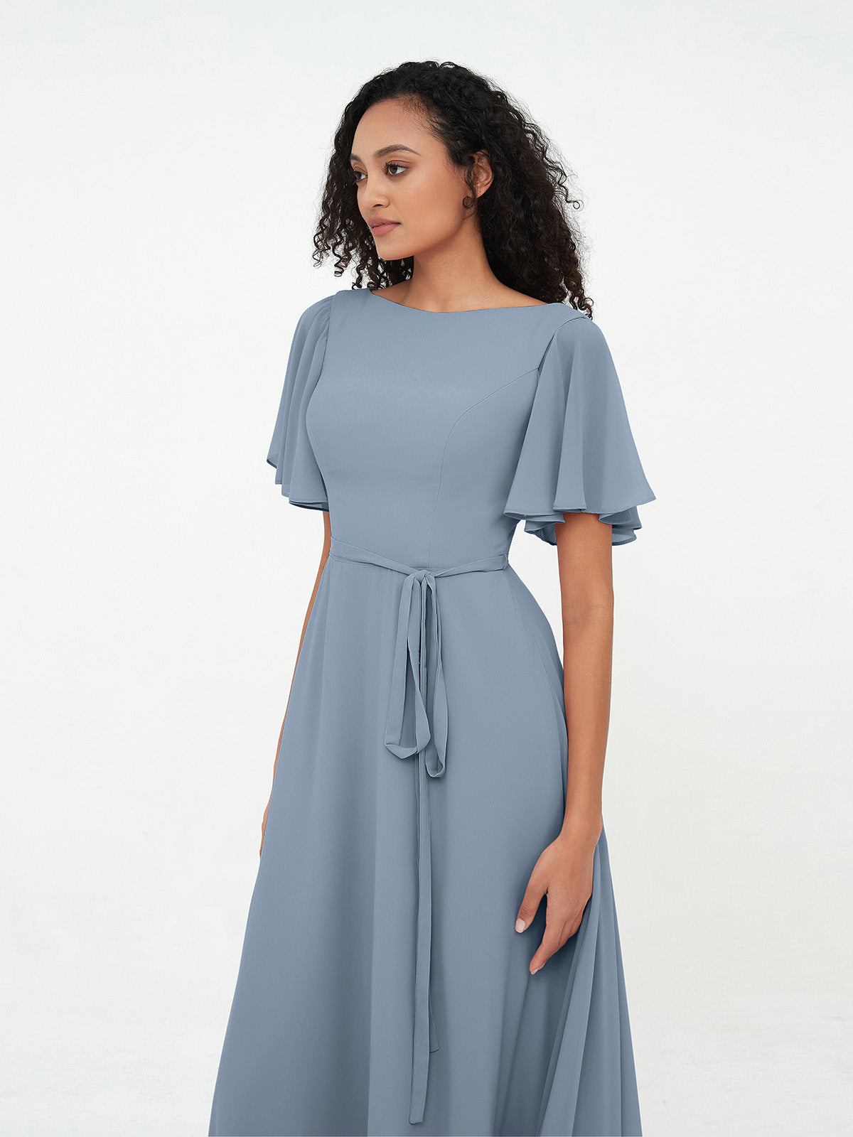 Flutter Sleeves Chiffon Max Dresses with Sash Bow-Dusty Blue