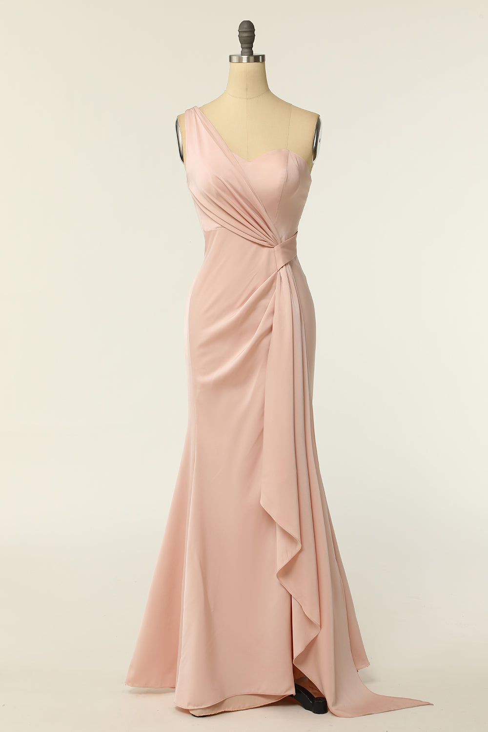 Mermaid One Shoulder Blush Long Bridesmaid Dress with Ruffles feolate Mermaid One Shoulder Blush Long Bridesmaid Dress with Ruffles feolate