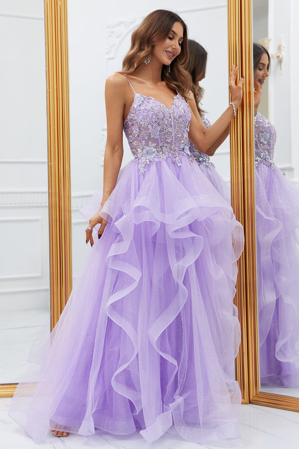Glitter Purple Ruffled Corset Long Prom Dress with Lace