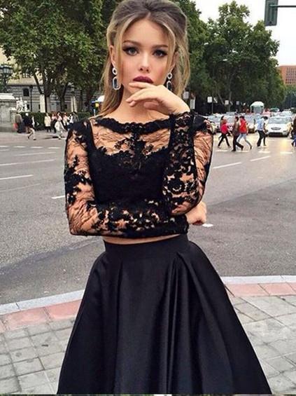 A-line Bateau Floor-Length Satin Black Two Piece Prom Dresses