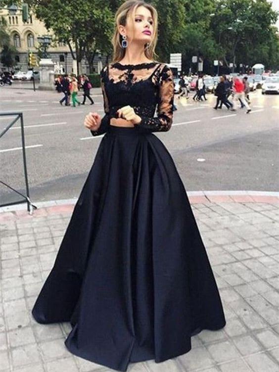 A-line Bateau Floor-Length Satin Black Two Piece Prom Dresses