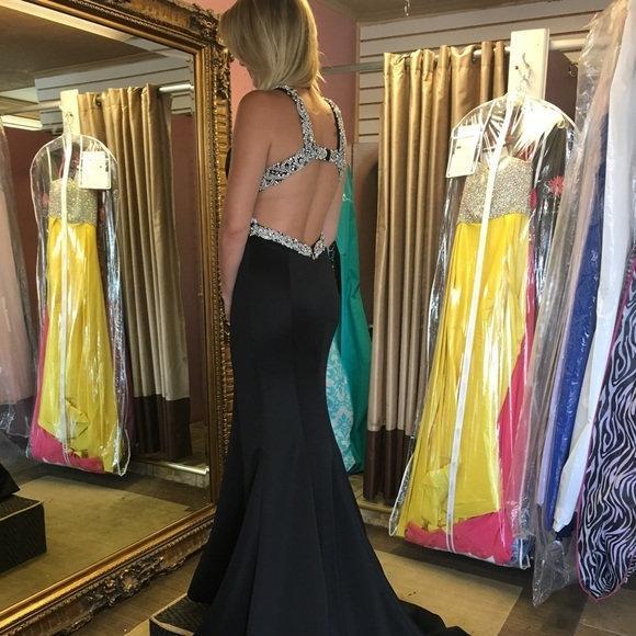 A-line Deep-V Sweep Train Satin Black Simple Prom Dresses