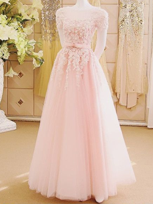 A-line Illusion Floor-Length Tulle Appliqued Pink Prom Dresses