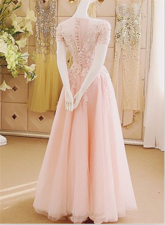 A-line Illusion Floor-Length Tulle Appliqued Pink Prom Dresses