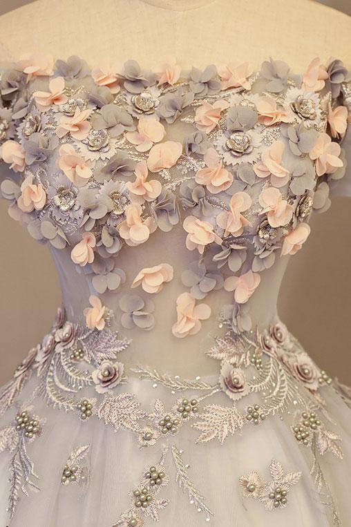 A-line Off-Shoulder Floor-Length Tulle Appliqued Beaded Prom Dresses