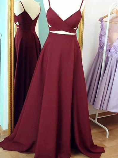 A-line Spaghetti Strap Sweep Train Satin Simple Prom Dresses