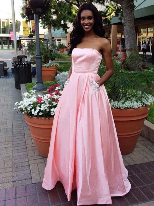 A-line Staright Across Floor-Length Satin Rhine Stone Prom Dresses