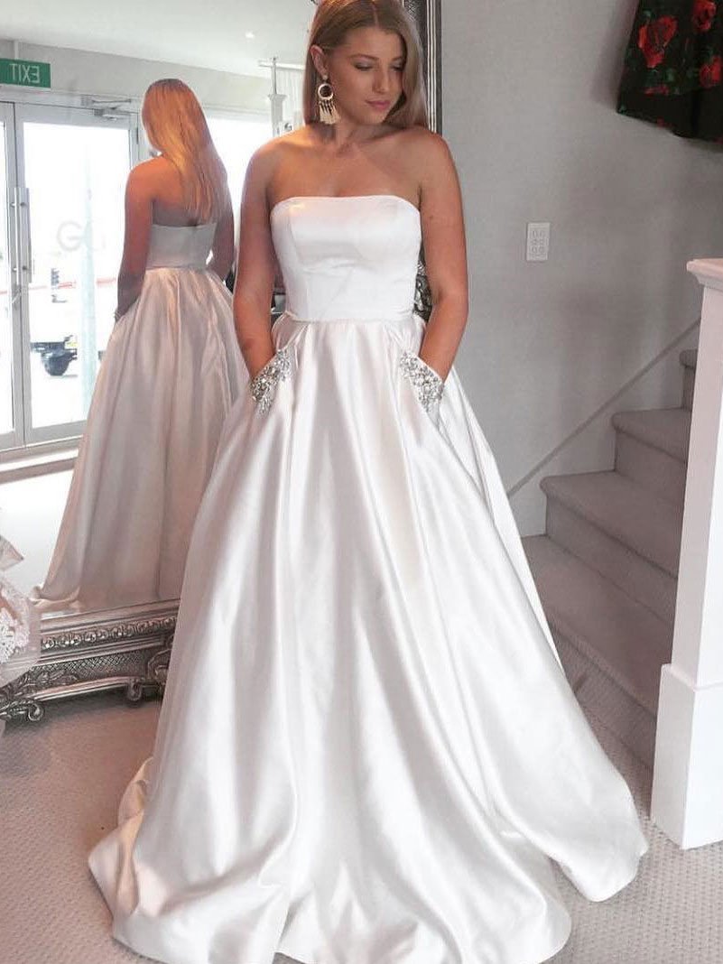 A-line Staright Across Floor-Length Satin Rhine Stone Prom Dresses