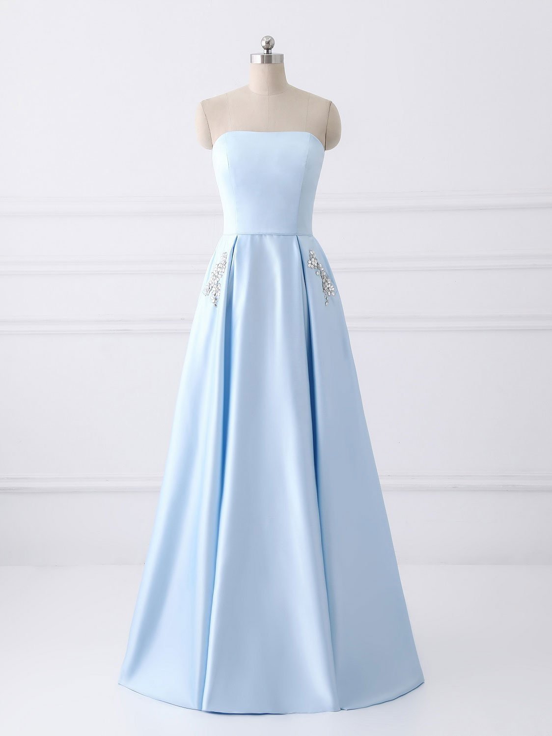 A-line Staright Across Floor-Length Satin Rhine Stone Prom Dresses