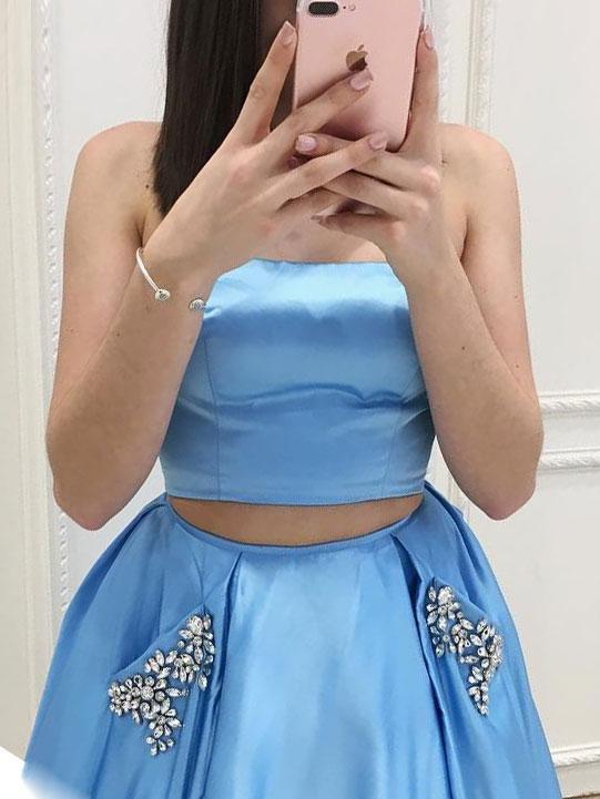 A-line Straight Across Sweep Train Satin Rhine Stone Two Piece Prom Dresses