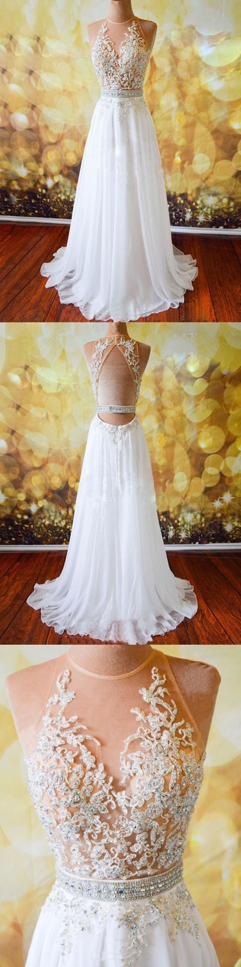 A-line Sweetheart Sweep Train Chiffon Beaded Appliqued Prom Dresses