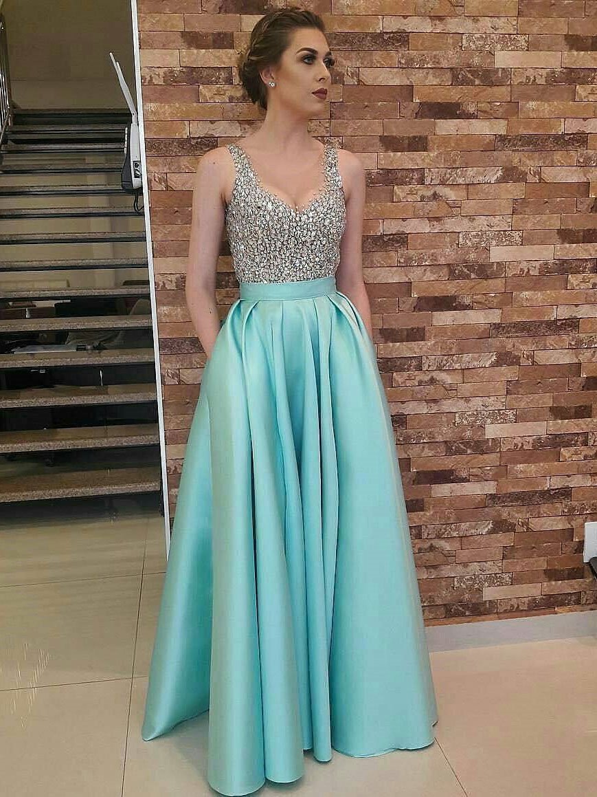 A-line V-neck Floor-Length Satin Sequined Sexy Evening Dress