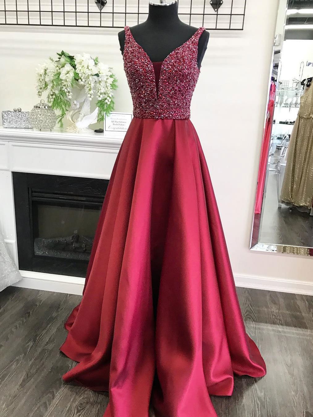 A-line V-neck Satin Floor-Length Beaded Burgundy Prom Dresses