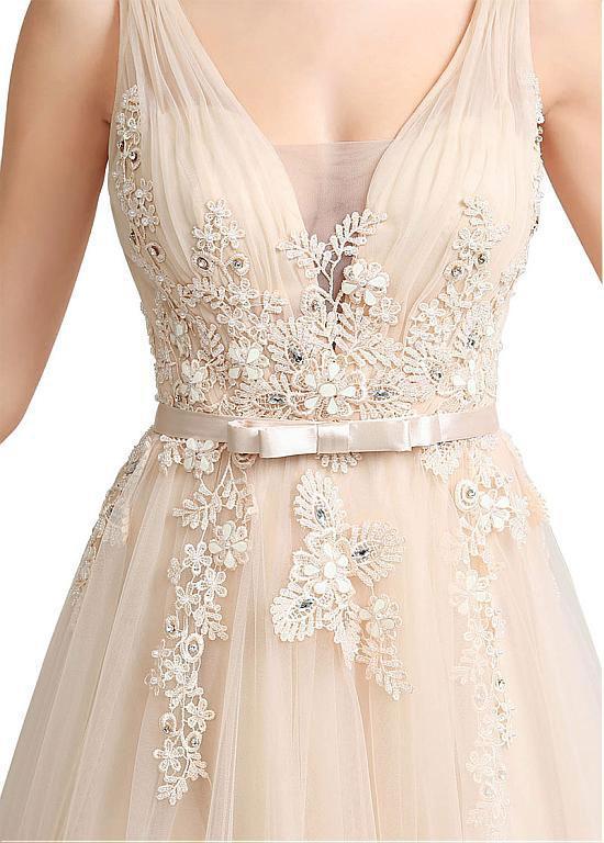 Excellent Tulle V-neck Neckline Floor-length A-line Prom Dresses With Rhinestones Appliques