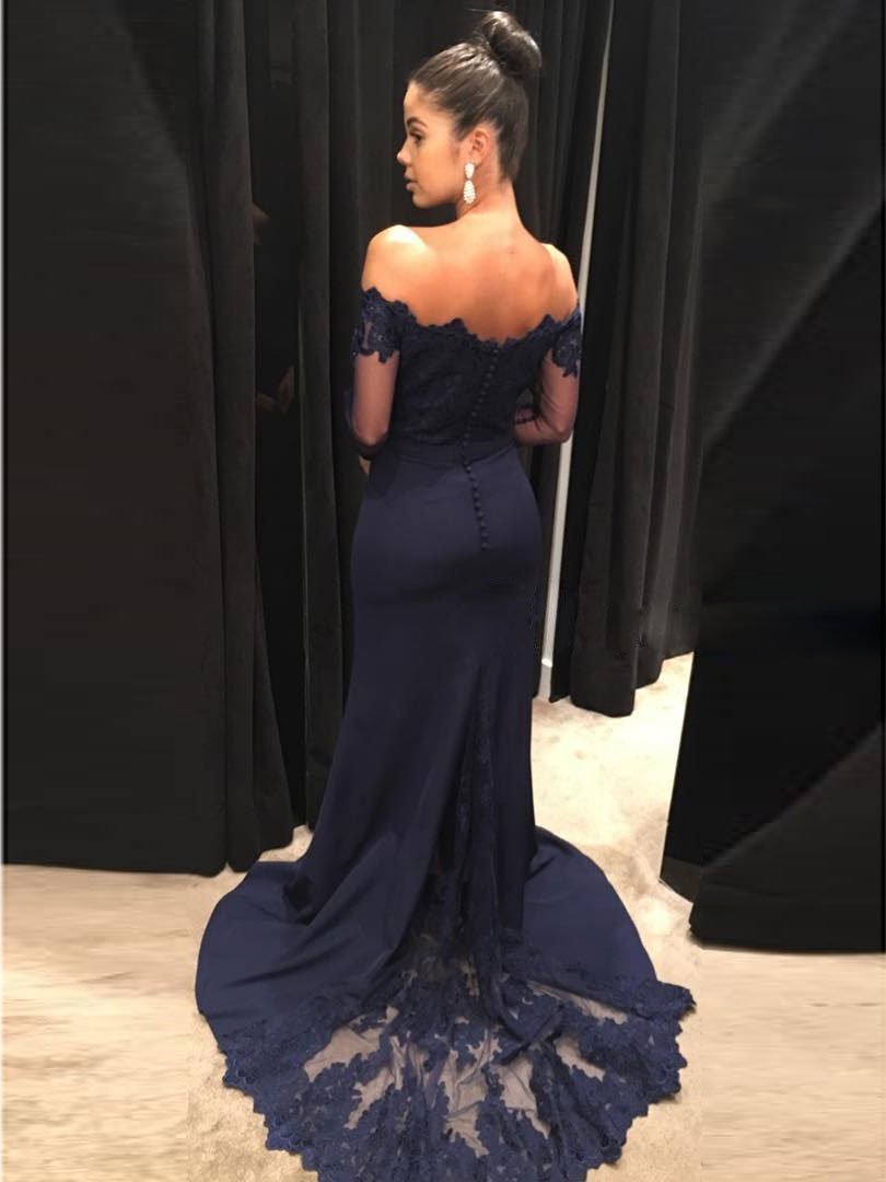 Mermaid Off-Shoulder Sweep Train Jersey Appliqued Prom Dress