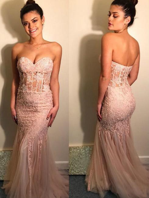 Mermaid Sweetheart Sweep Train Lace Pink Prom Dresses With Beading