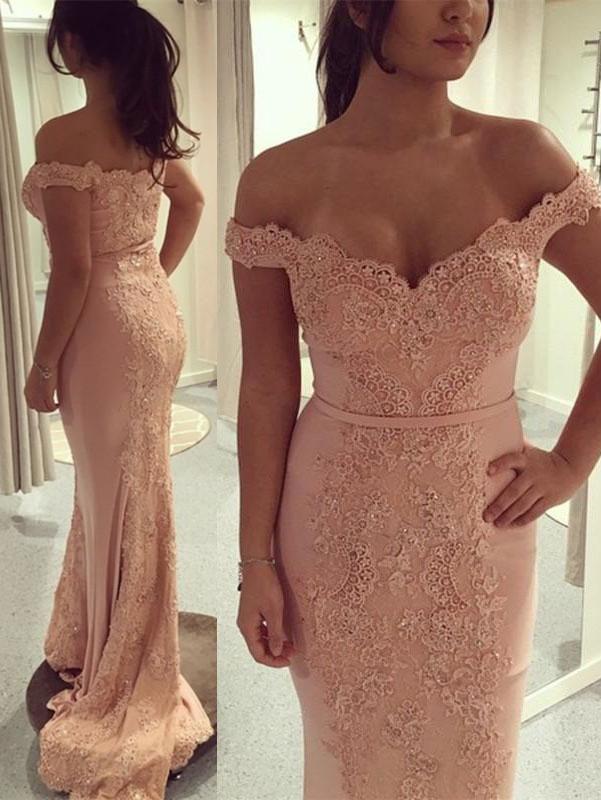 Trumpet/Mermaid Off-Shoulder Sweep Train Jersey Appliqued Beaded Prom Dresses