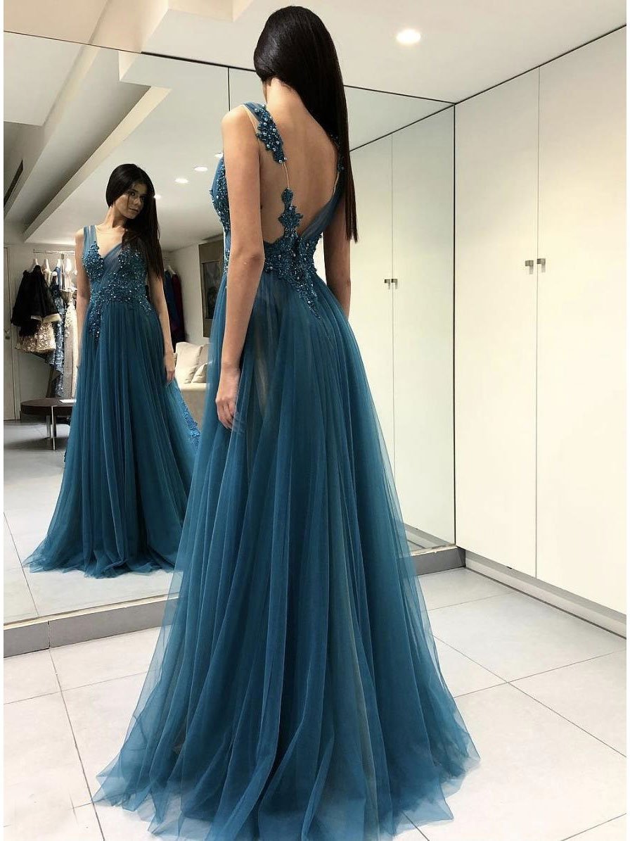 V-neck Lace Appliqued Sexy Long Formal Prom Dresses with Split
