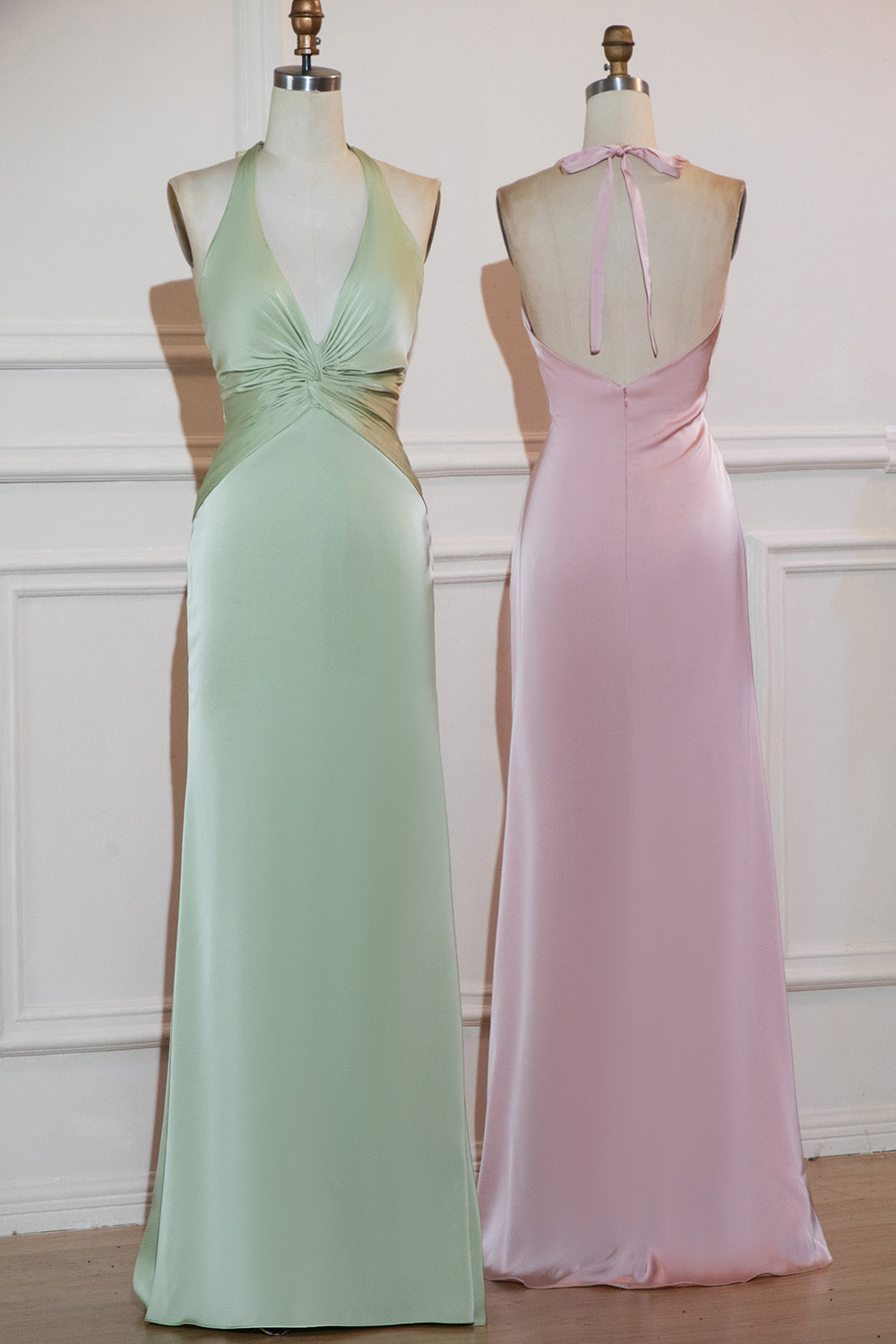 Blushing Pink Sheath Halter Satin Long Bridesmaid Dress