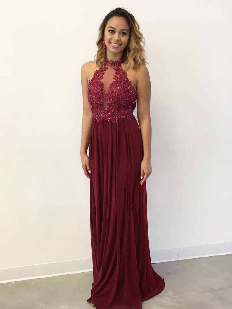 A-line Halter Lace Appliqued Burgundy Chiffon Long Prom Dresses