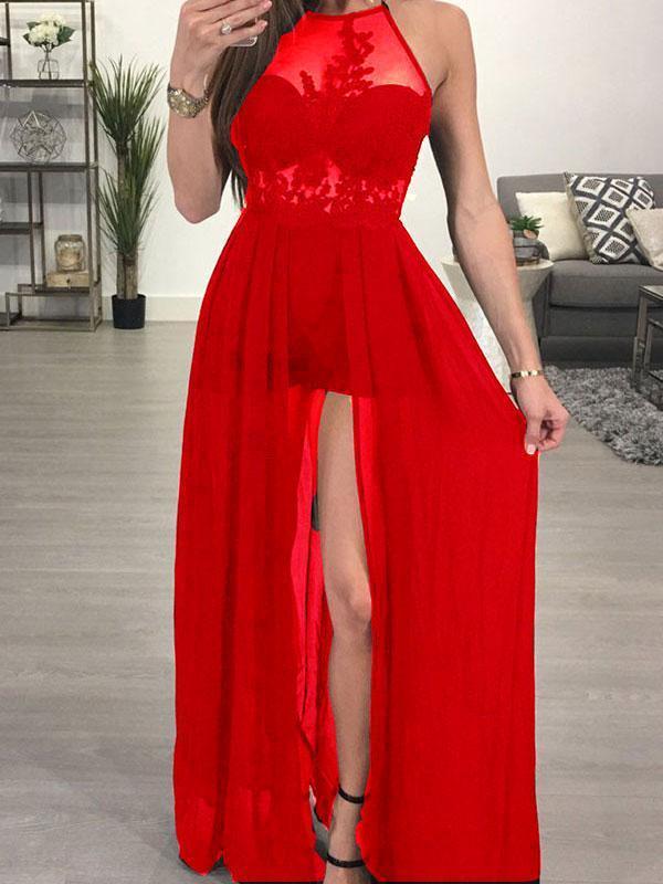 A-line Halter See-through Black Chiffon Sexy Long Prom Dresses