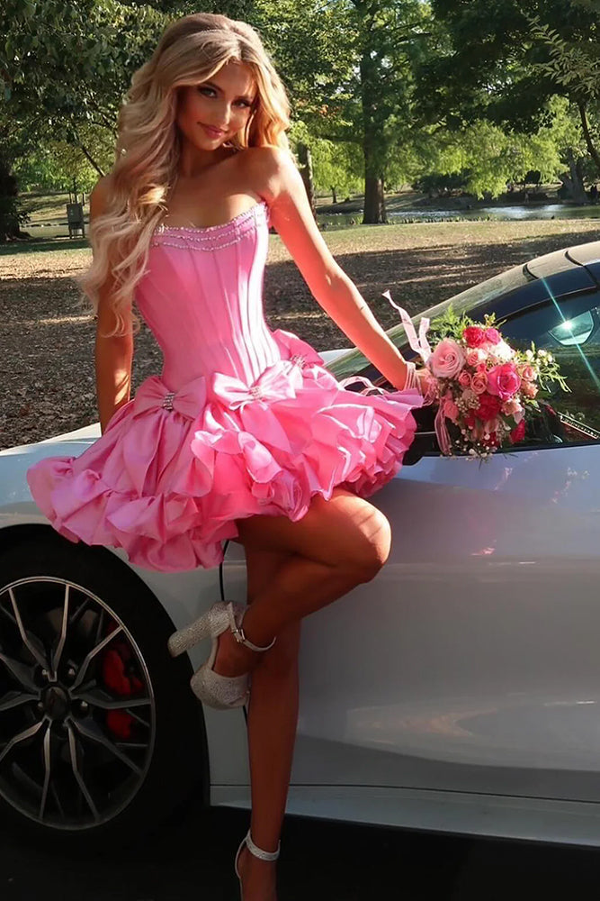 Jamila | Strapless Black Beaded Short Homecoming Dress with Bow