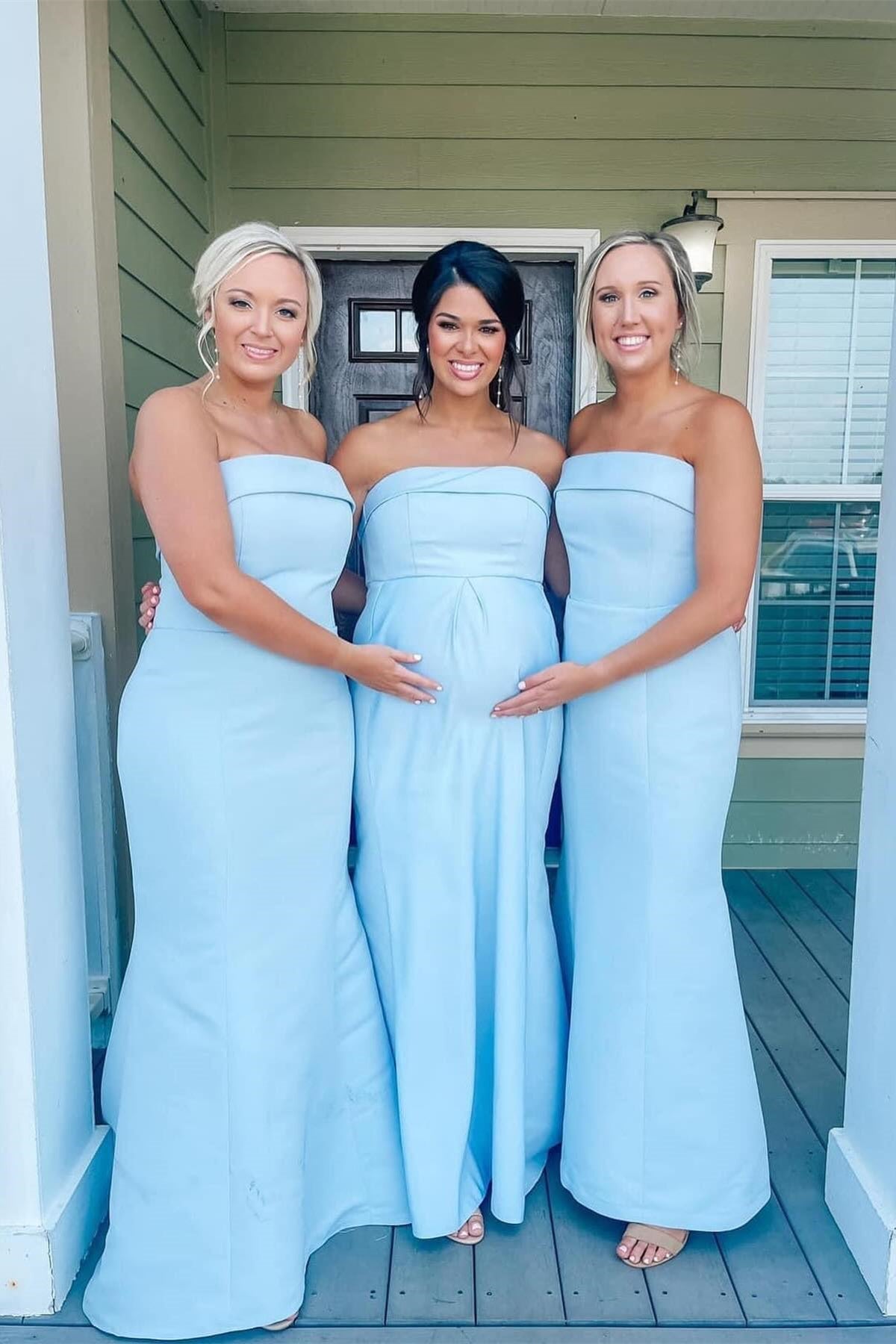 Strapless Aqua Blue Mermaid Satin Long Bridesmaid Dress