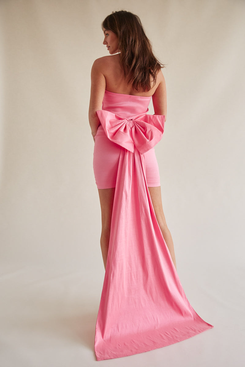 Valencia Strapless Bodycon Bow Train Mini Dress