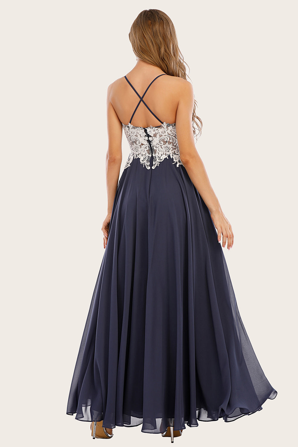 Dusty Blue Long Chiffon Prom Dress with Lace