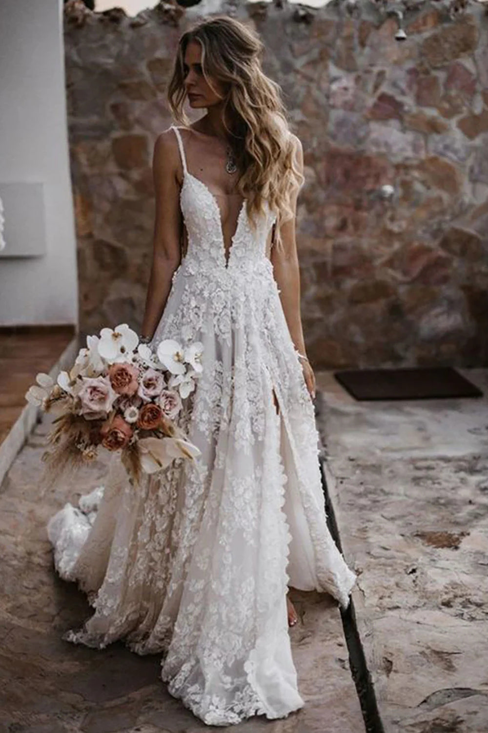 Henley | White Boho A-Line Lace Wedding Dress with Appliques