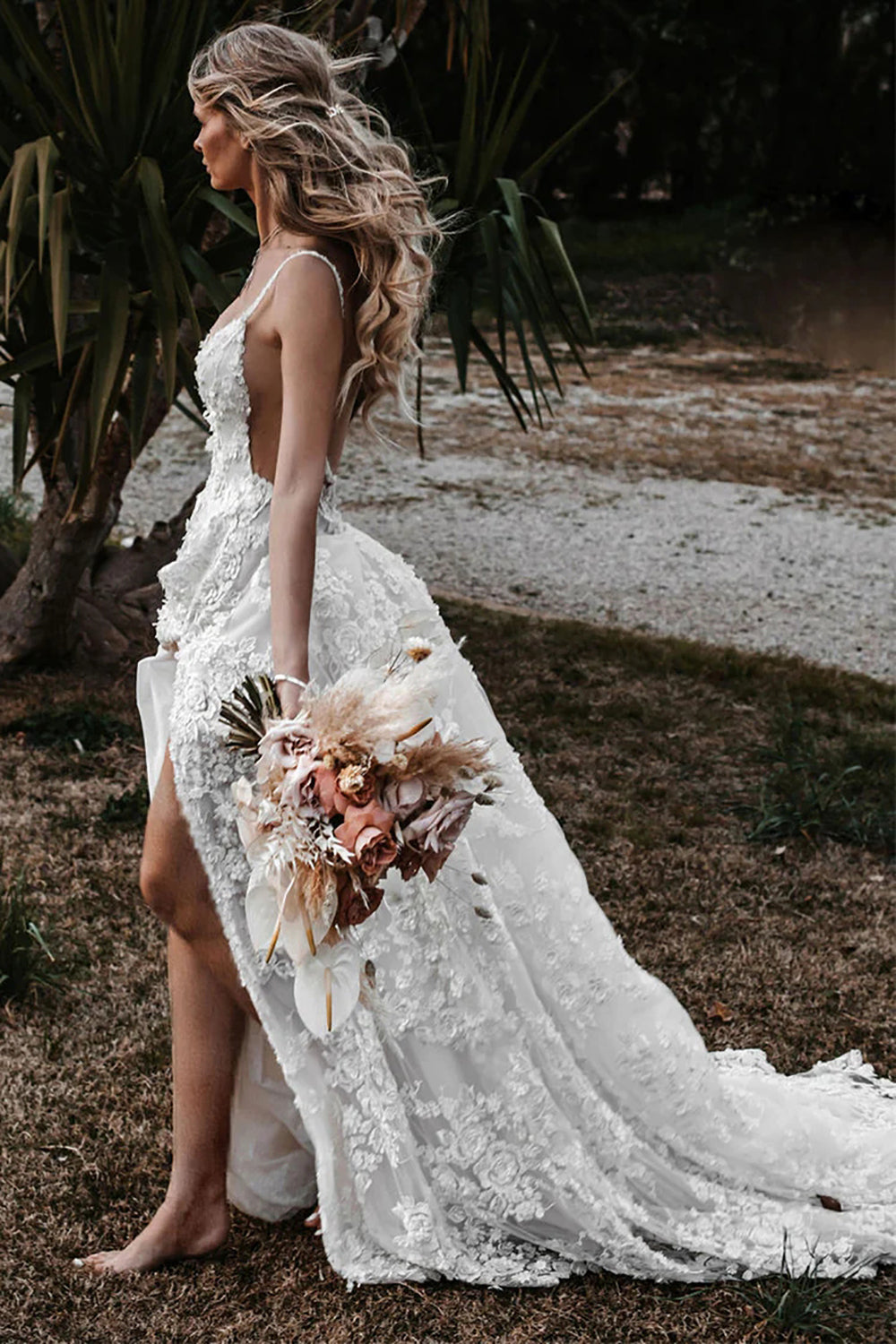 Henley | White Boho A-Line Lace Wedding Dress with Appliques