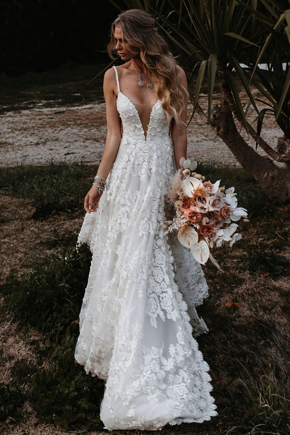 Henley | White Boho A-Line Lace Wedding Dress with Appliques