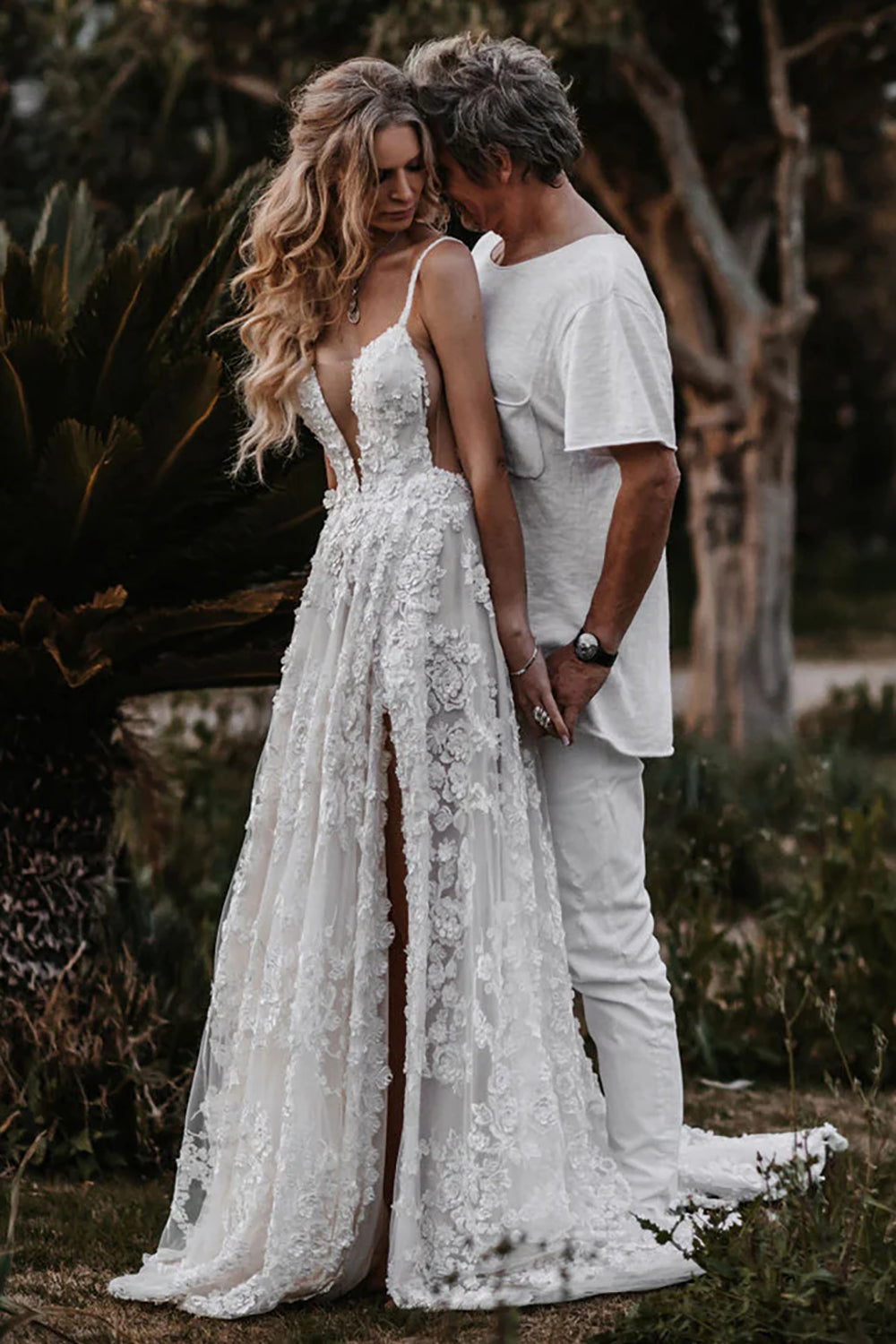 Henley | White Boho A-Line Lace Wedding Dress with Appliques