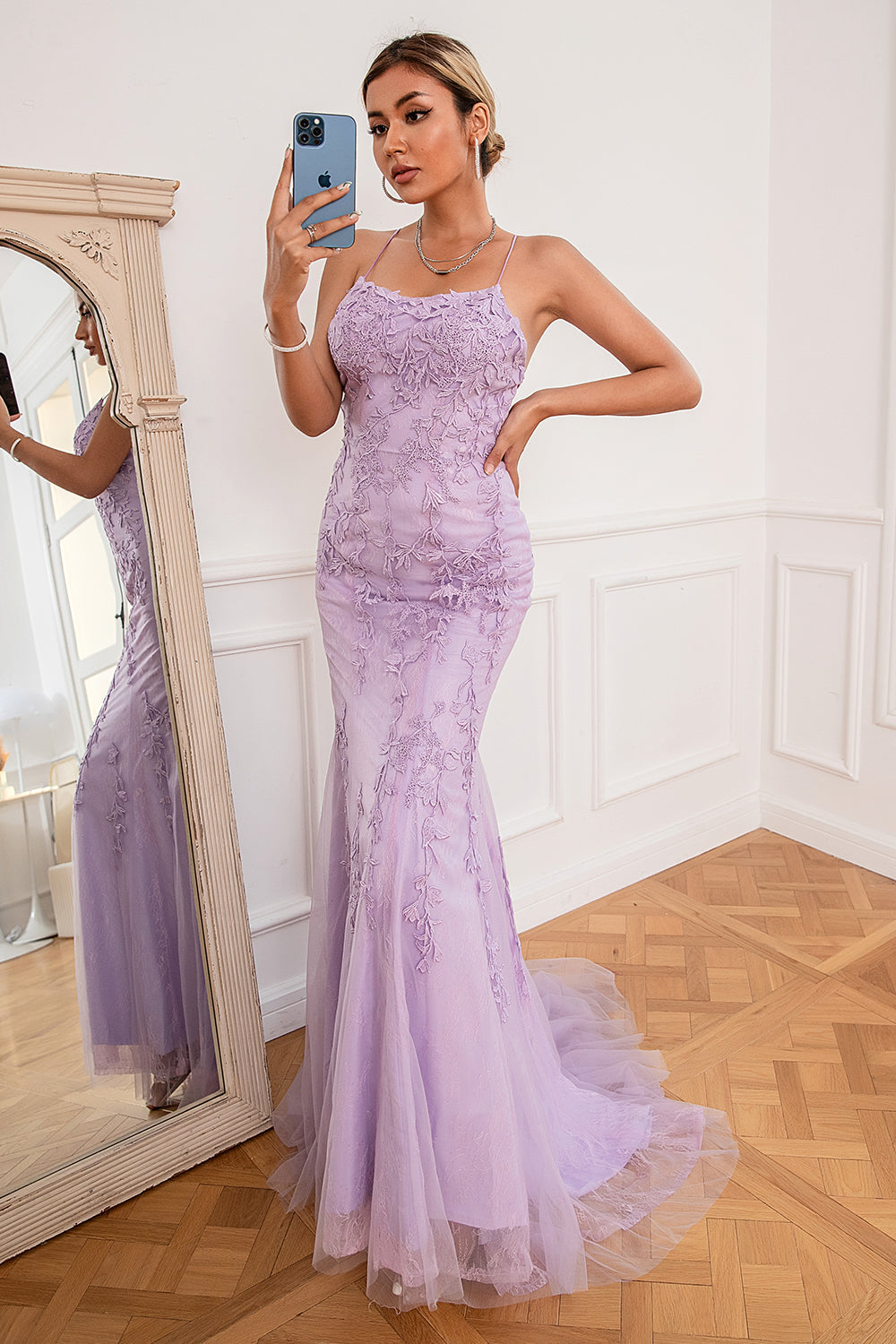 Coral Backless Long Prom Dress with Appliques