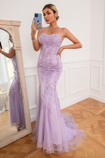 Coral Backless Long Prom Dress with Appliques