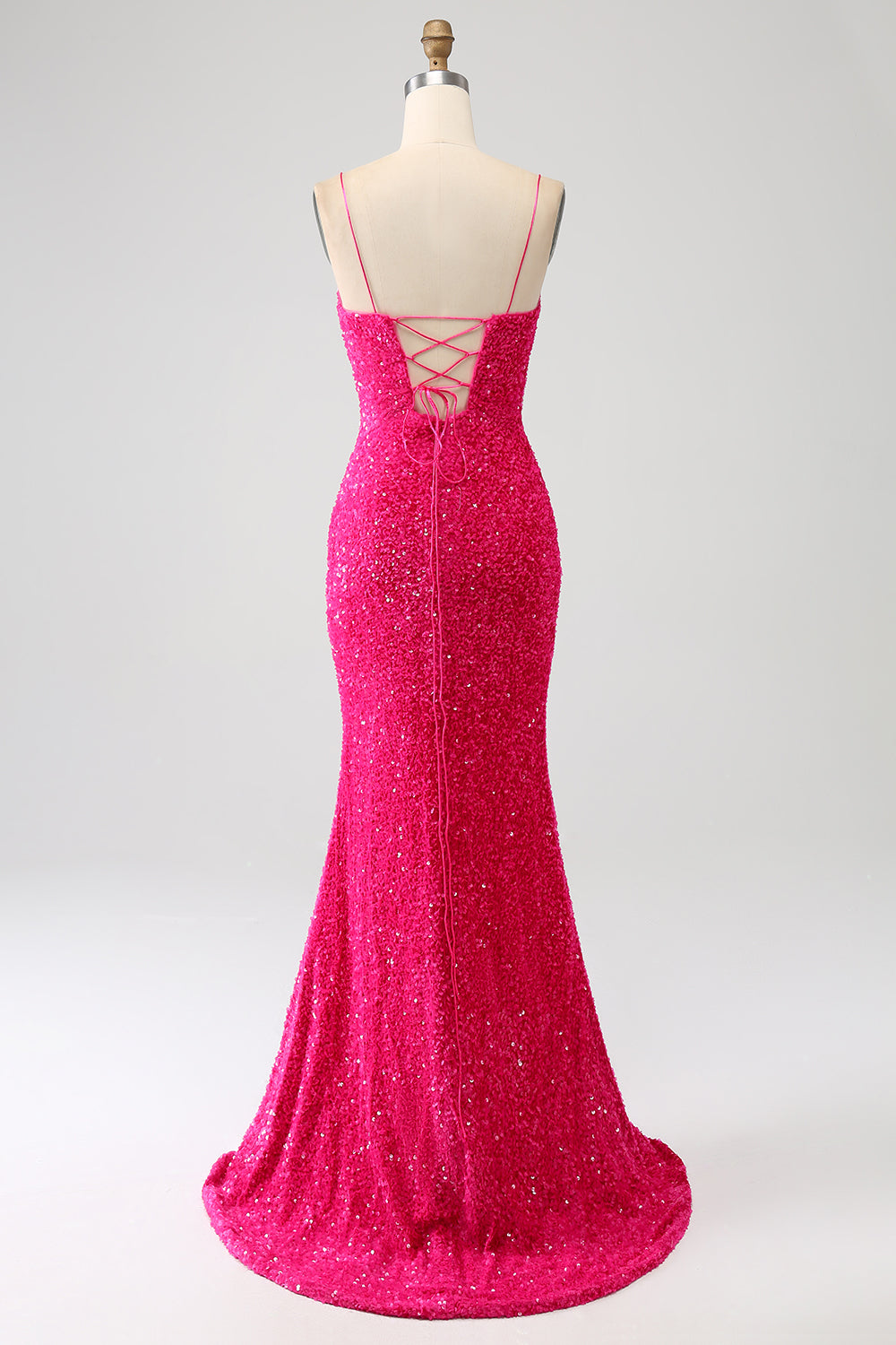 Fuchsia Mermaid Spaghetti Straps V-Neck Sequin Prom Dress With Split