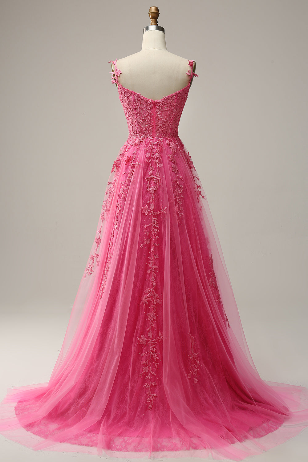 A Line Spaghetti Straps Hot Pink Prom Dress with Appliques