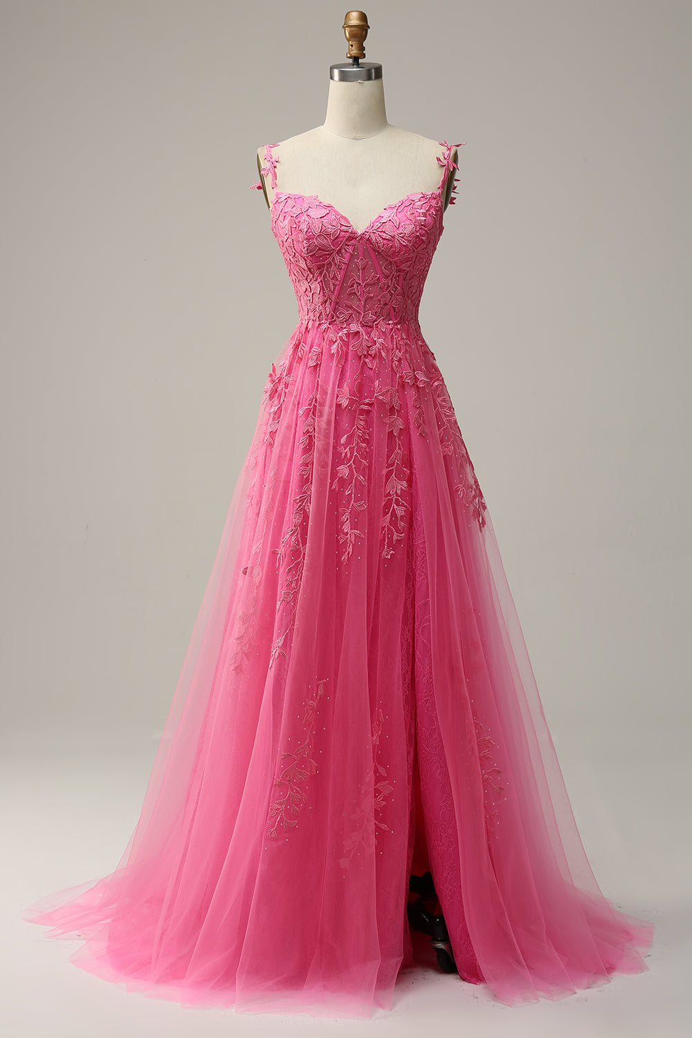 A Line Spaghetti Straps Hot Pink Prom Dress with Appliques