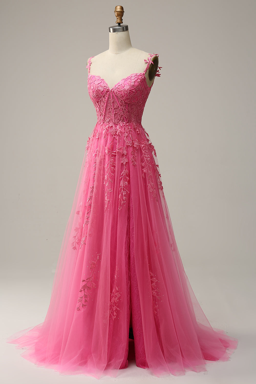 A Line Spaghetti Straps Hot Pink Prom Dress with Appliques