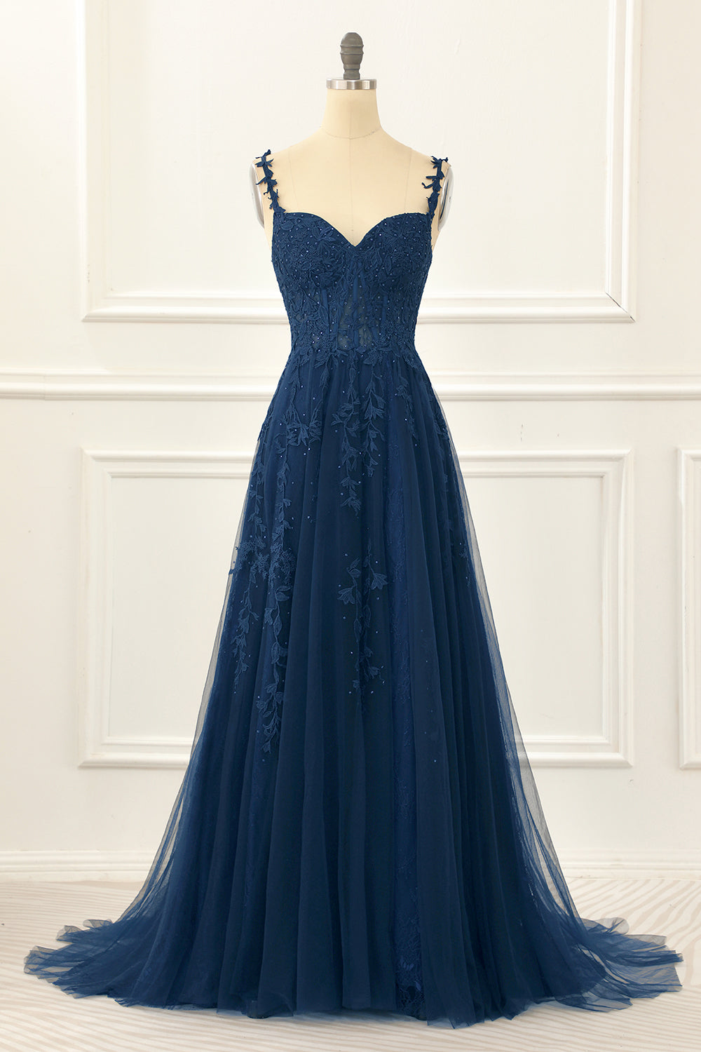 A Line Spaghetti Straps Lace Navy Prom Dress with Appliques